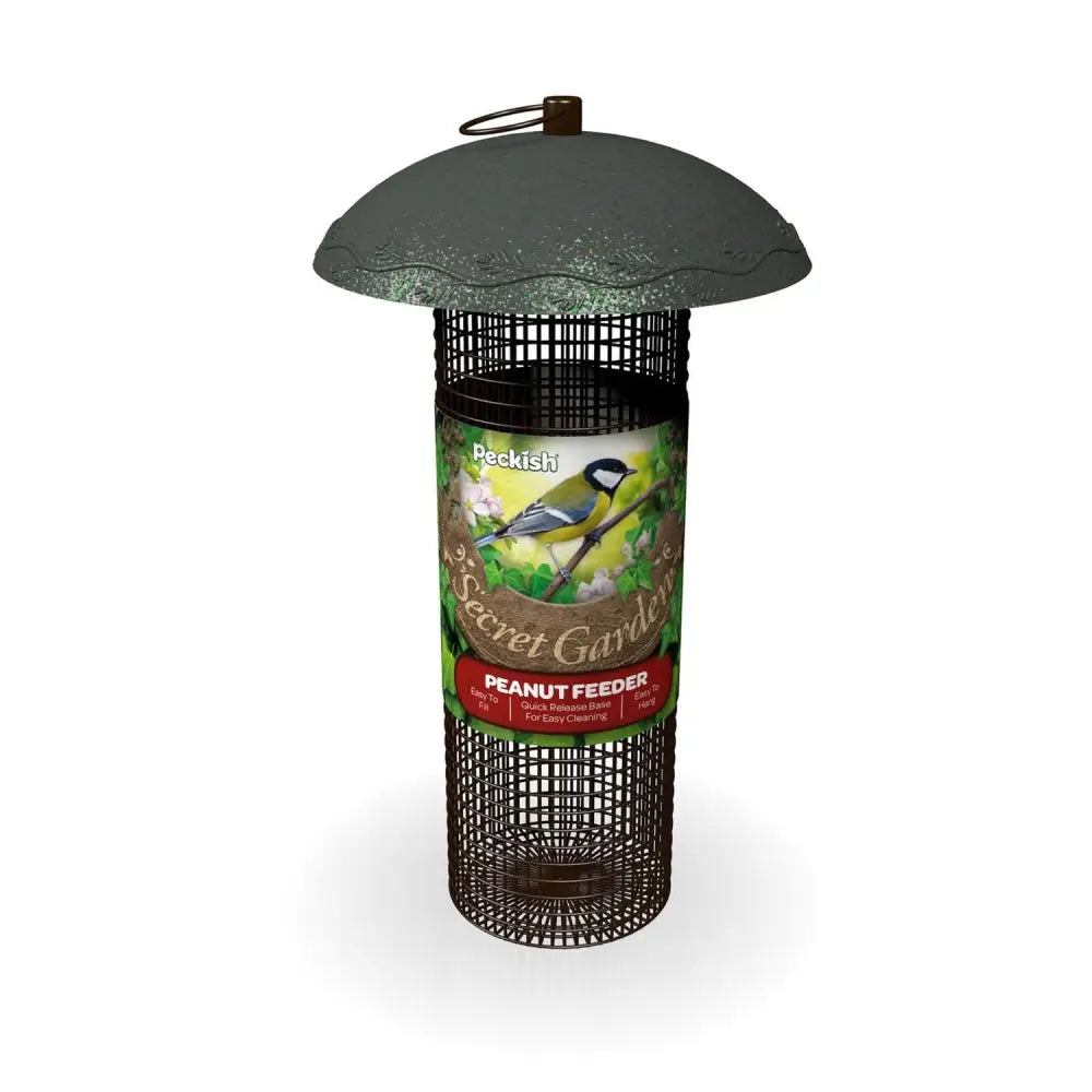 Dark green dome shaped peckish secret garden peanut feeder with black mesh body and decorative label for birds