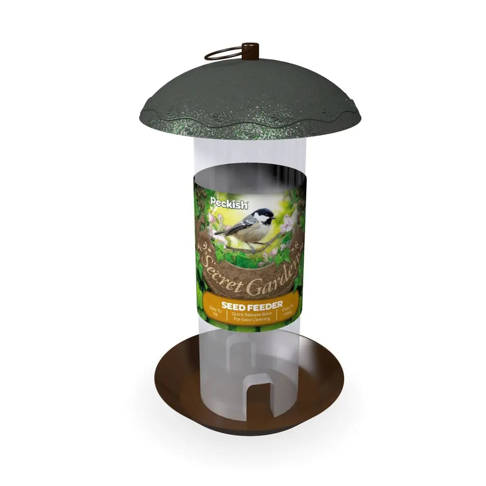 Dark green textured dome top with brown base and clear body garden seed feeder labeled peckish secret garden