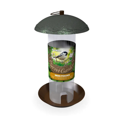 Dark green textured dome top with brown base and clear body garden seed feeder labeled peckish secret garden