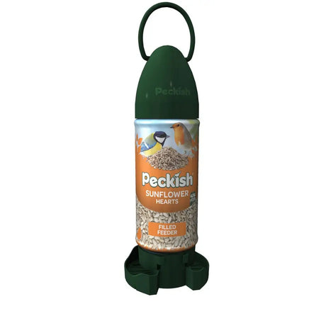 Dark green peckish sunflower heart ready bird feeder with handle and orange label showing birds for bird food
