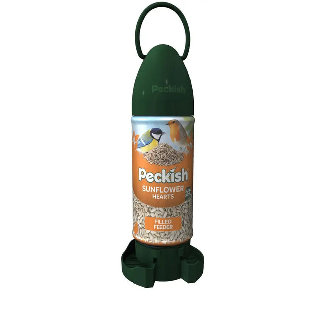 Dark green peckish sunflower heart ready bird feeder with handle and orange label showing birds for bird food