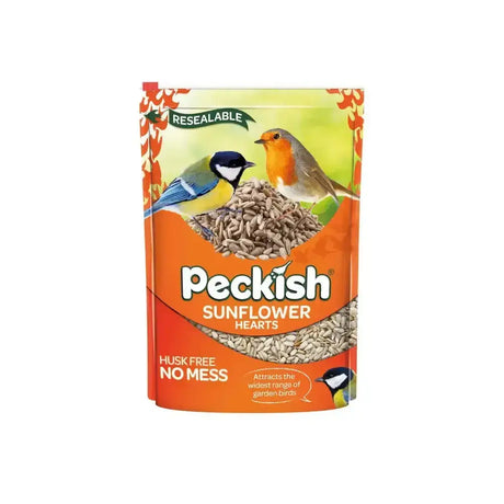 Peckish sunflower hearts bird seed in a resealable orange and green pouch perfect for feeding birds