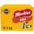 Bright yellow box of pedigree markies mini dog treats with red logo and small black and white treats illustration