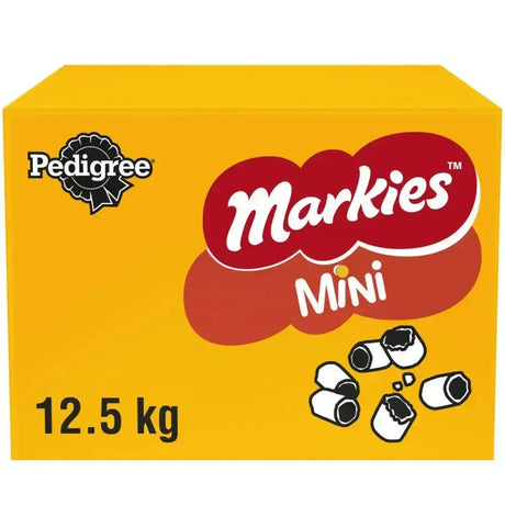 Bright yellow box of pedigree markies mini dog treats with red logo and small black and white treats illustration