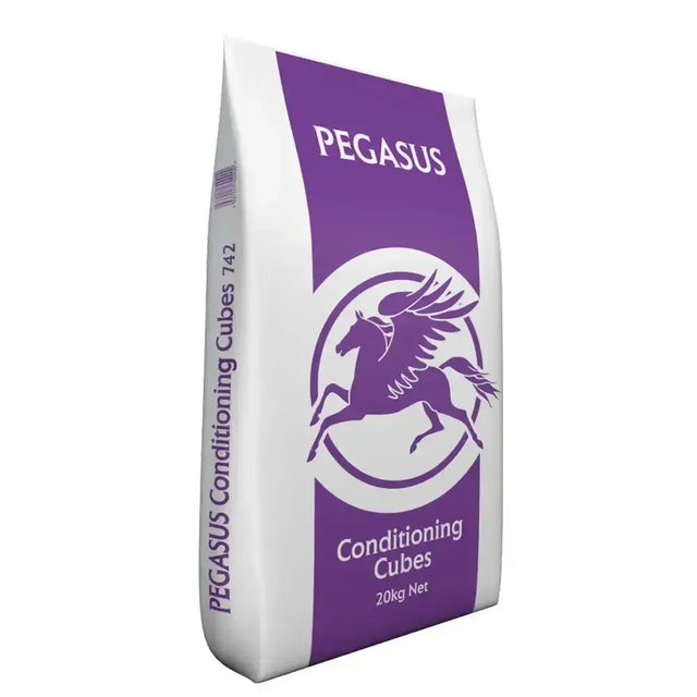 A white and purple bag of pegasus conditioning cubes horse feeds with a winged horse logo on the front