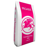 A vibrant pink and white bag of pegasus conditioning mix horse feed with a bold flying horse graphic on the front