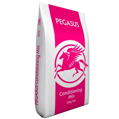A vibrant pink and white bag of pegasus conditioning mix horse feed with a bold flying horse graphic on the front