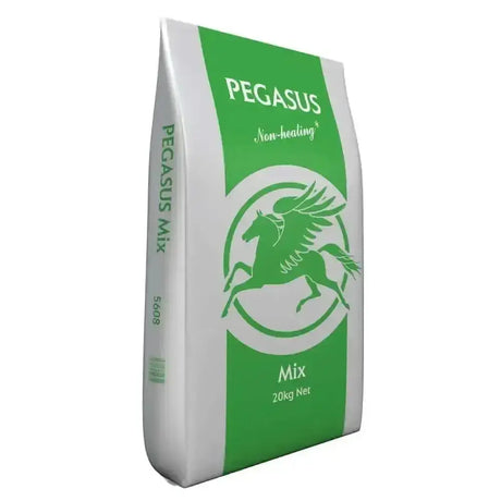 Green and white 20kg bag of Pegasus non heating mix horse feeds with open cereal texture to reduce feeding costs