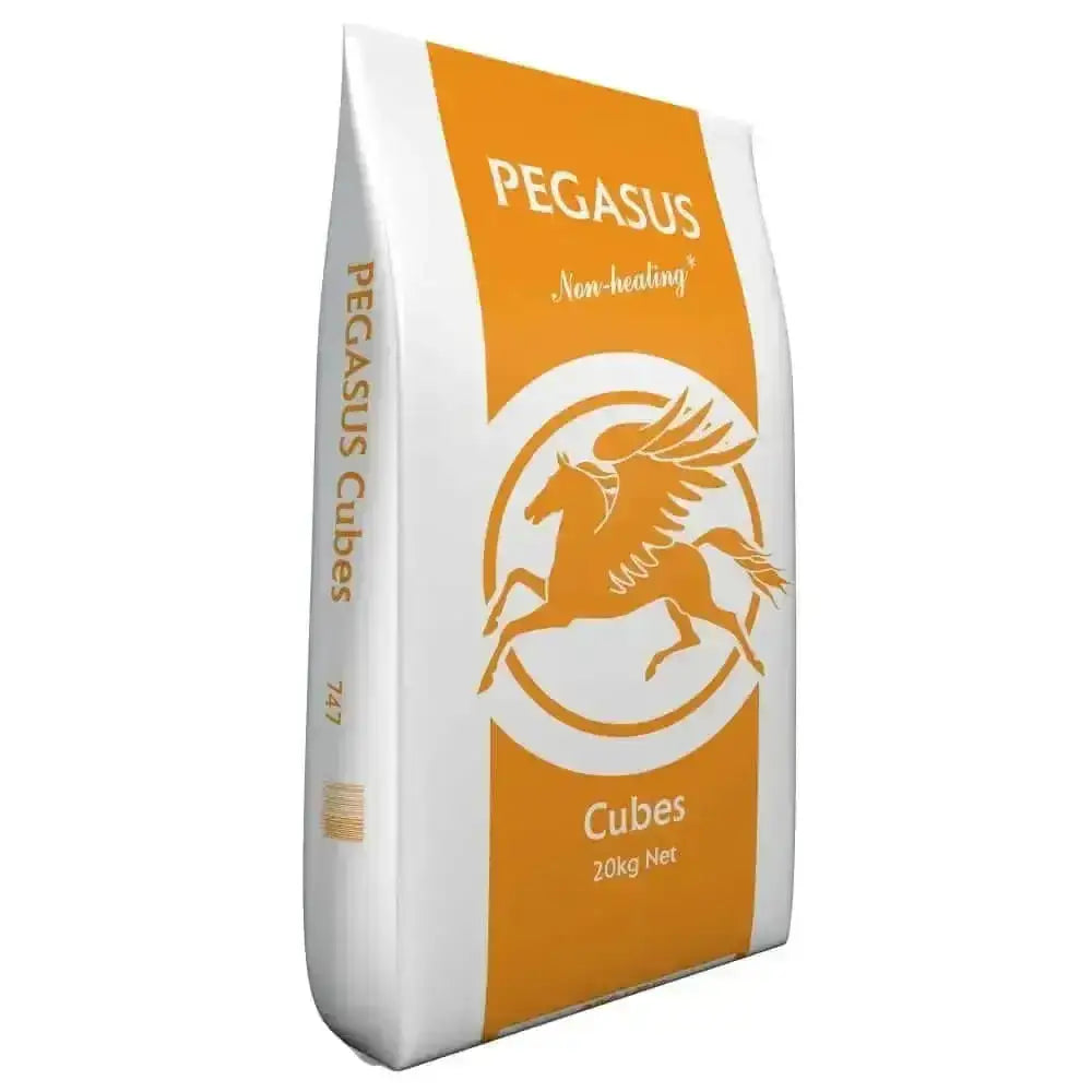 White and orange bag of Pegasus Horse 20kg pony cubes with open cereal texture non-heating horse feed