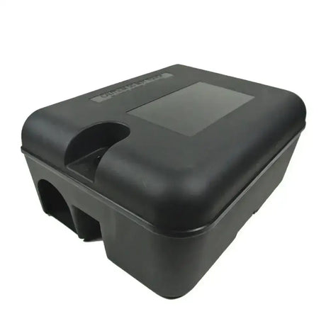 Black plastic lockable rat bait box by pelgar with a transparent lid window for safe rat bait station use