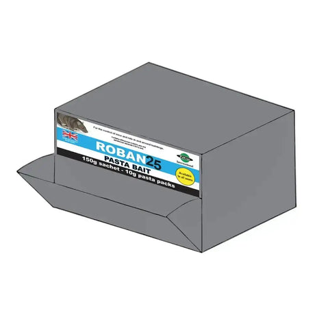 Gray rectangular box of pelgar roban 25 pasta bait with blue black label 150g sachet for rat infestations