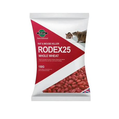 Pelgar rodex 25 whole wheat rat and mouse killer bait in red and white packaging for rat infestations and mouse infestations