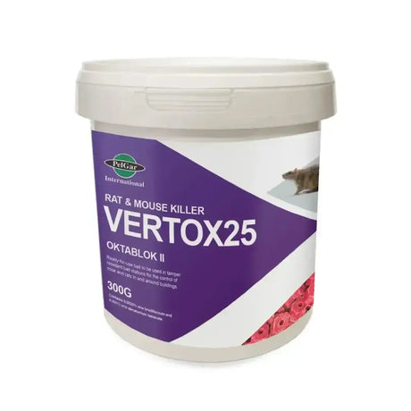 White plastic container with purple and white label of pelgar vertox 25 oktablok ii bait blocks for rat and mouse killer