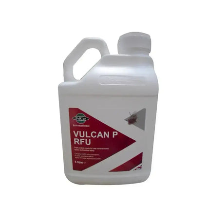 White plastic jug with red and white vulcan fly spray label by pelgar for insect killing activity