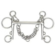 Silver metal pelham standard cheeks mullen horse bit with central bar, large rings, and attached chain for reins
