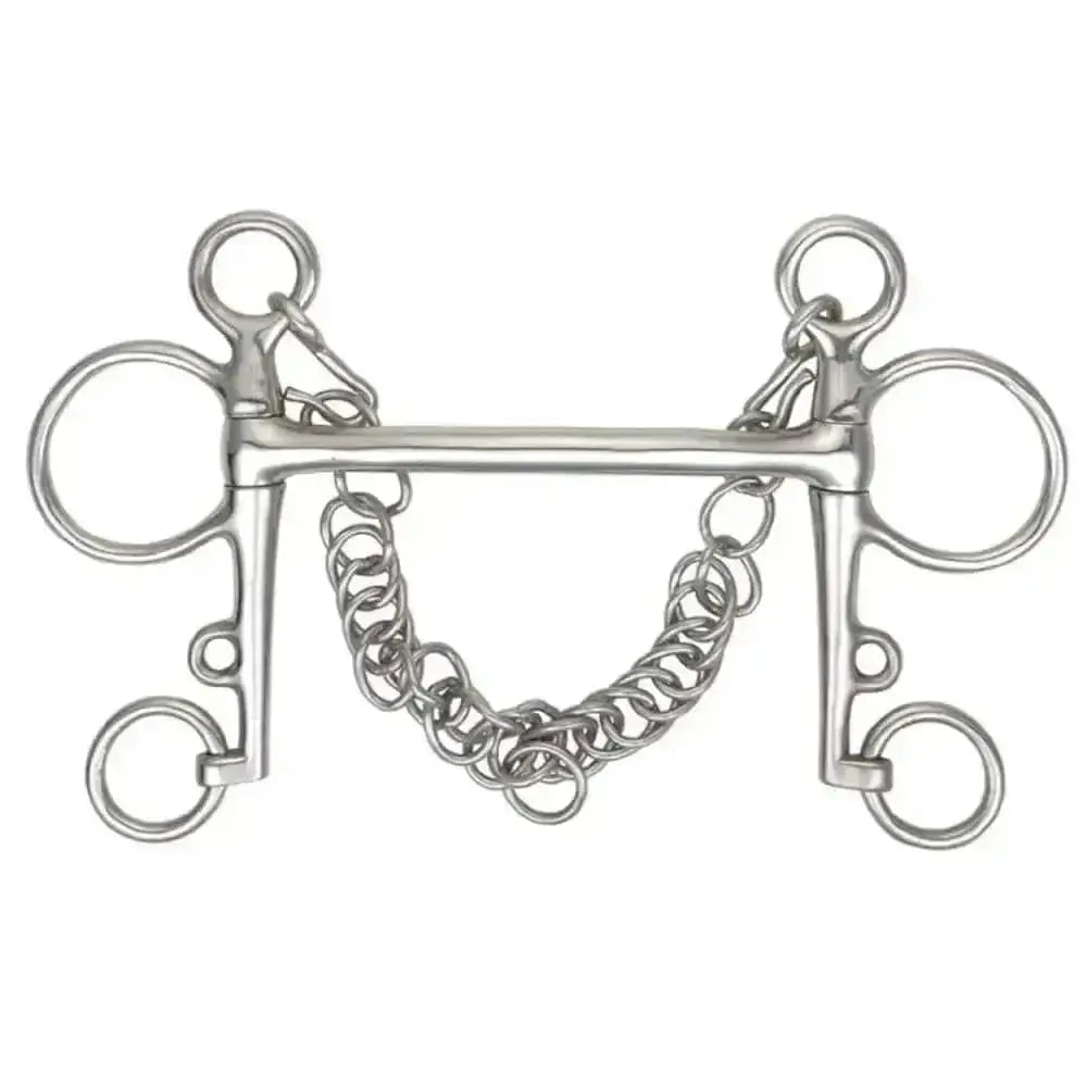 Silver metal pelham standard cheeks mullen horse bit with central bar, large rings, and attached chain for reins