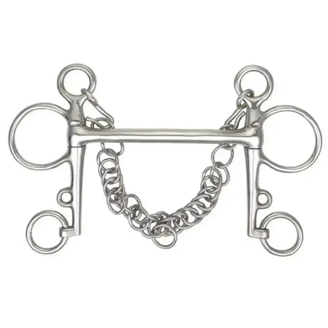 Silver metal pelham standard cheeks mullen horse bit with central bar, large rings, and attached chain for reins