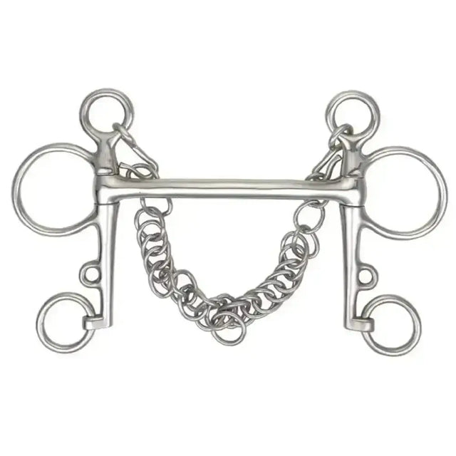 Silver metal pelham standard cheeks mullen horse bit with central bar, large rings, and attached chain for reins