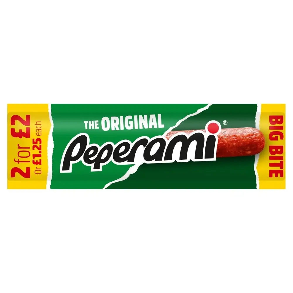 Peperami original meat snack 28g with green and yellow packaging and a red textured sausage surface