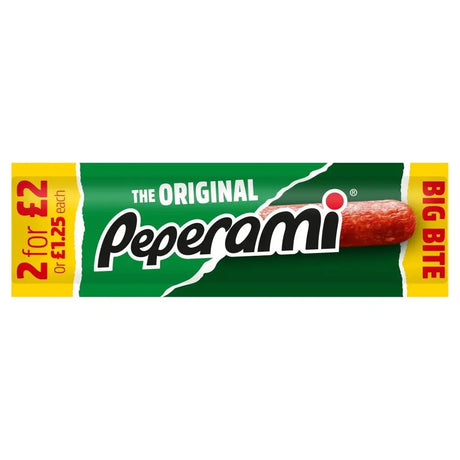Peperami original meat snack 28g with green and yellow packaging and a red textured sausage surface