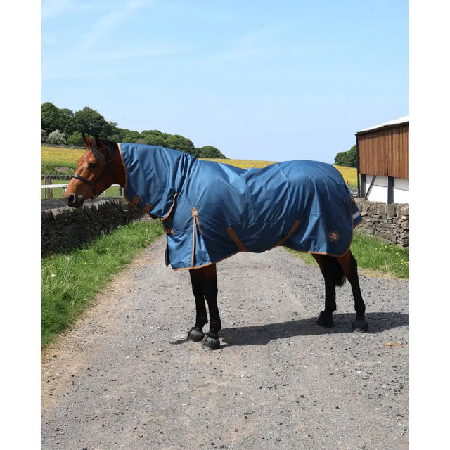 Blue perf combo 0g lightweight turnout rug for horses with brown leather straps and small side logo