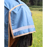 Blue perf combo 0g lightweight turnout rug for horses with tan trim and reflective stripe for safety and comfort