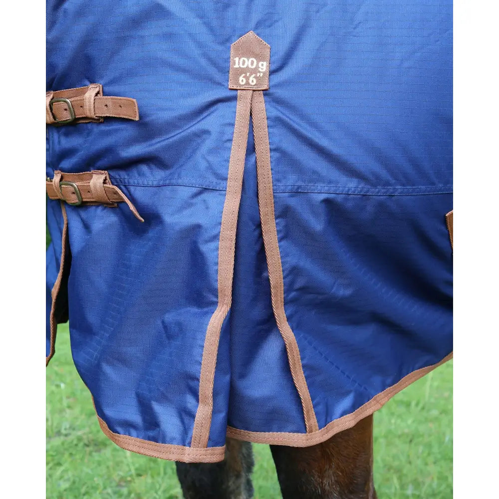 Blue perf combo 100g turnout rug with brown leather straps lightweight 66 inch horse blanket