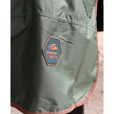 Olive green perf combo 100g lightweight turnout rug for horses with hexagonal perf equine logo patch in orange and white