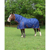 Blue perf combo 100g lightweight turnout rug for horses with brown leather trim and small hexagonal logo on side