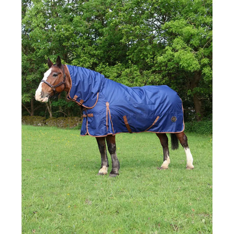 Blue perf combo 100g lightweight turnout rug for horses with brown leather trim and small hexagonal logo on side