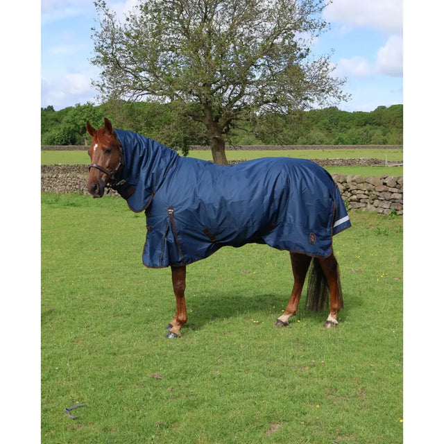 Navy blue navy perf combo 200g medium turnout rug with reflective strip and brown leather straps for horses