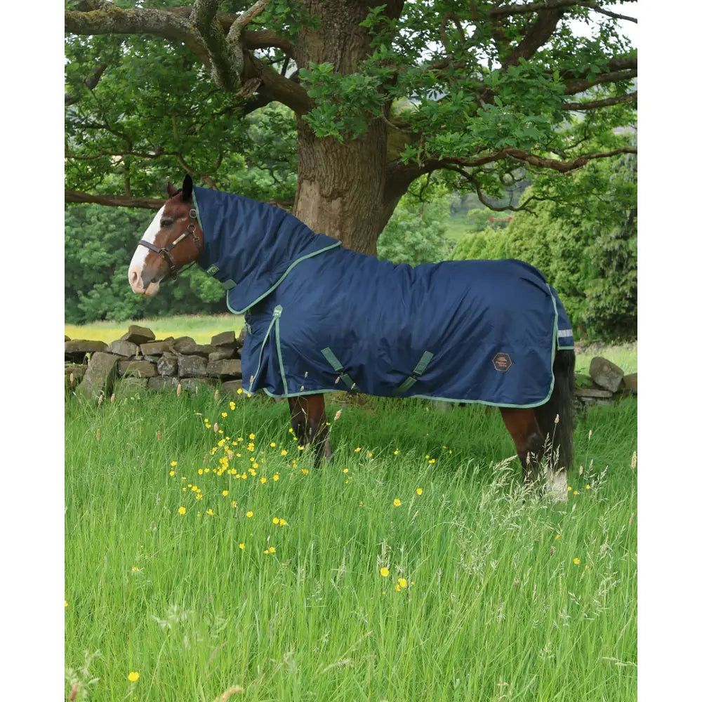 Navy blue turnout rug with light green trim and adjustable straps featuring a perf detachable neck 300g heavy weight design