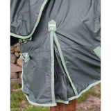Dark gray turnout rug with light green trim and reinforced stitching featuring perf detachable neck 300g heavy weight tag