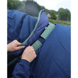 Deep blue quilted turnout rug with green straps and perf detachable neck 300g heavy weight for horses
