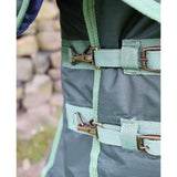 Green canvas turnout rug with brass buckles and perf detachable neck for heavy weight horse turnout use
