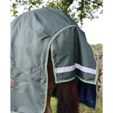 Dark green horse hood with reflective stripe and branded patch for perf detachable neck 300g heavy turnout rug
