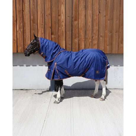 A navy blue perf detachable neck turnout rug with brown trim and adjustable straps for lightweight horse protection