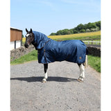 Navy blue perf detachable neck turnout rug with hood and black straps featuring a small circular logo on the side