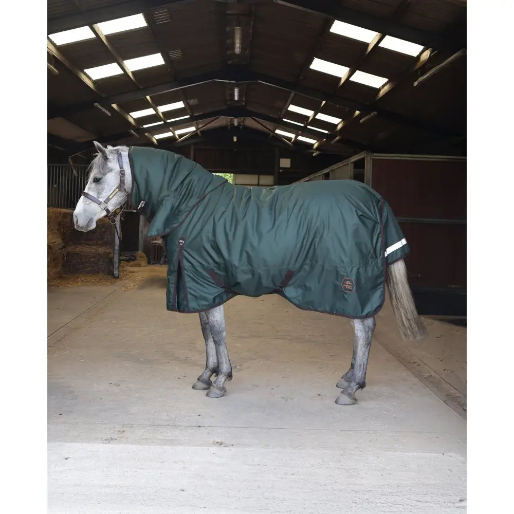 Dark green waterproof perf detachable neck turnout rug with reflective stripes and logo patch on back side