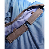 Blue nylon perf detachable neck turnout rug with brown straps and purple lining for horses medium weight