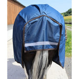 Blue horse hood with brown trim and reflective stripe for perf detachable neck 200g medium weight turnout rug