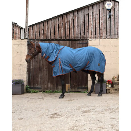 Blue horse turnout rug with brown trim leather-like straps and perf detachable neck lightweight 50g design