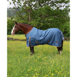 Blue standard 0g lightweight turnout rug for horses with tan trim and brown straps perfect as a lightweight turnout rug