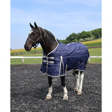 Navy blue quilted perf standard 100g light stable rug with white trim and silver buckles for horses