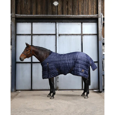 Navy blue quilted perf standard 200g medium stable rug for horses with black trim and side logo