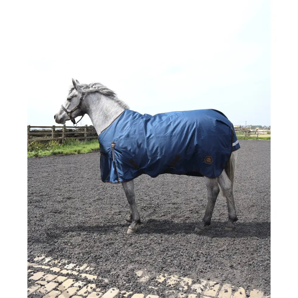 Blue perf standard 200g medium weight turnout rug for horses with waterproof fabric and reflective stripes on the side