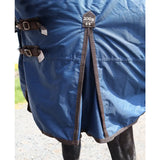Blue horse turnout rug with brown leather straps perf standard 200g medium weight 66 inch length label visible