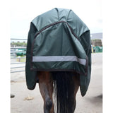 Dark green perf standard 200g medium weight turnout rug with reflective strip and black trim for horses