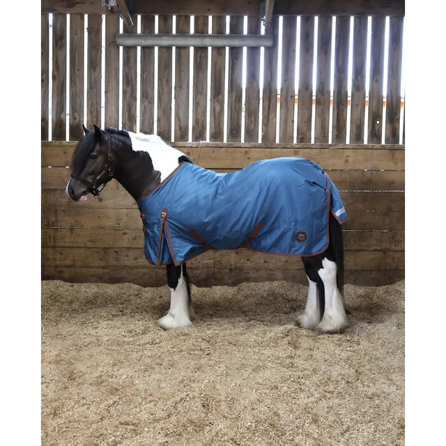 Blue perf standard 50g lightweight turnout rug for horses with brown trim and small circular logo on the side