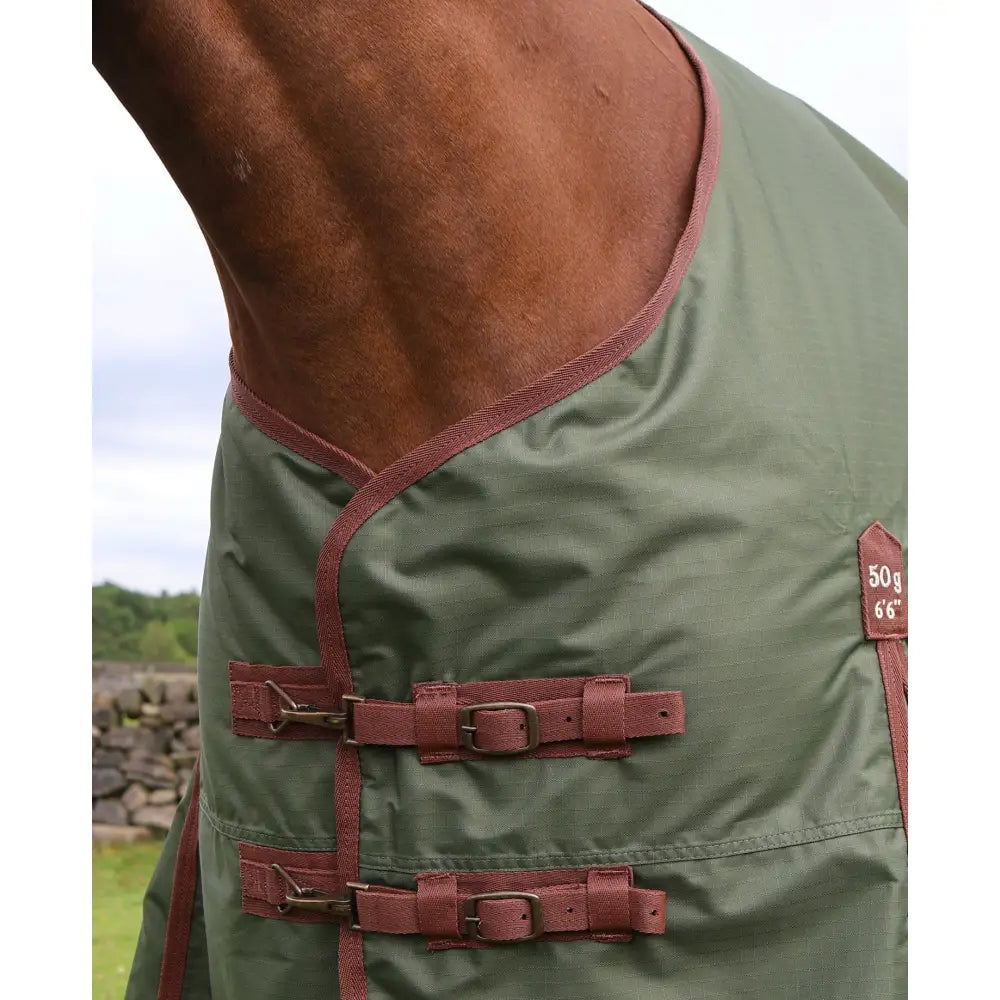 Olive green perf standard 50g lightweight turnout rug for horses with rust straps and metal buckles visible from the back side